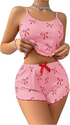 Verdusa Women's 2 Piece Pajama Sets Bow Knot Printed Crop Cami Top and Shorts in Saudi Arabia