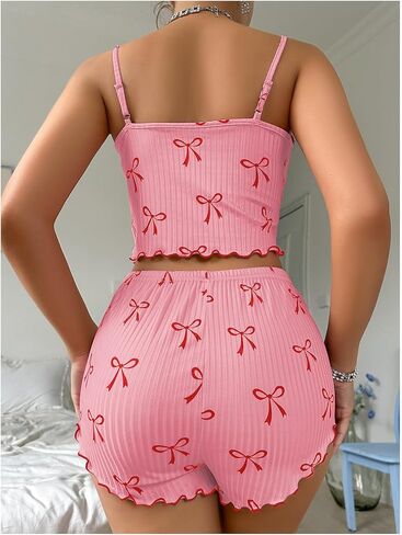 Verdusa Women's 2 Piece Pajama Sets Bow Knot Printed Crop Cami Top and Shorts in Saudi Arabia