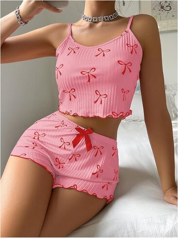Verdusa Women's 2 Piece Pajama Sets Bow Knot Printed Crop Cami Top and Shorts in Saudi Arabia