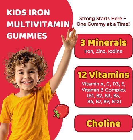 Iron Supplement Gummies for Kids, Kids Multivitamin with Iron Gummies - Zinc, Vitamin B Complex, A, C, D3, B12, Folate for Blood Builder & Energy Support, Iron Deficiency, Vegan Strawberry 60 Gummies in Kuwait