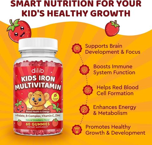 Iron Supplement Gummies for Kids, Kids Multivitamin with Iron Gummies - Zinc, Vitamin B Complex, A, C, D3, B12, Folate for Blood Builder & Energy Support, Iron Deficiency, Vegan Strawberry 60 Gummies in Kuwait