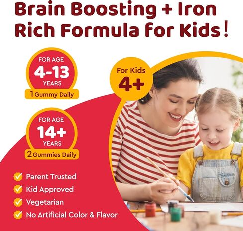 Iron Supplement Gummies for Kids, Kids Multivitamin with Iron Gummies - Zinc, Vitamin B Complex, A, C, D3, B12, Folate for Blood Builder & Energy Support, Iron Deficiency, Vegan Strawberry 60 Gummies in Kuwait