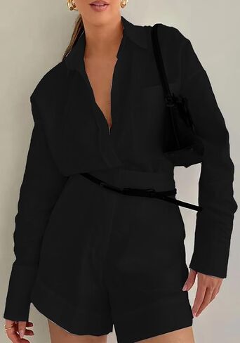 Women's 2 Piece Shirts Outfits Casual Button down Long Sleeve Blouses Tops High Waisted Shorts Sets with Pockets in Saudi Arabia
