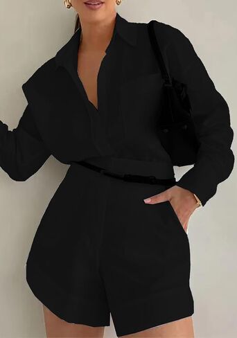 Women's 2 Piece Shirts Outfits Casual Button down Long Sleeve Blouses Tops High Waisted Shorts Sets with Pockets in Saudi Arabia