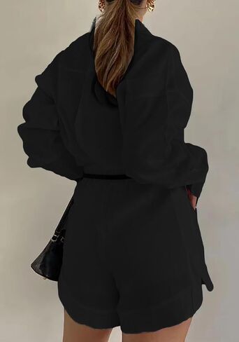 Women's 2 Piece Shirts Outfits Casual Button down Long Sleeve Blouses Tops High Waisted Shorts Sets with Pockets in Saudi Arabia