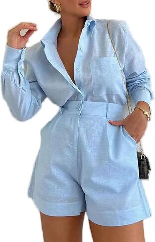Women's 2 Piece Shirts Outfits Casual Button down Long Sleeve Blouses Tops High Waisted Shorts Sets with Pockets in Saudi Arabia