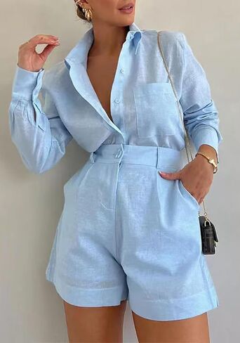 Women's 2 Piece Shirts Outfits Casual Button down Long Sleeve Blouses Tops High Waisted Shorts Sets with Pockets in Saudi Arabia
