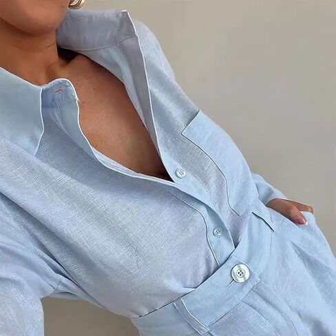 Women's 2 Piece Shirts Outfits Casual Button down Long Sleeve Blouses Tops High Waisted Shorts Sets with Pockets in Saudi Arabia
