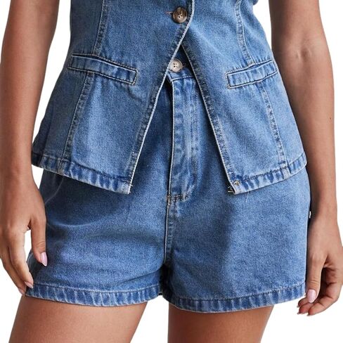Women's Denim 2 Piece Set Casual Solid Color Casual Sleeveless Jean Vest Tops and Shorts Outfit Tracksuits in Saudi Arabia