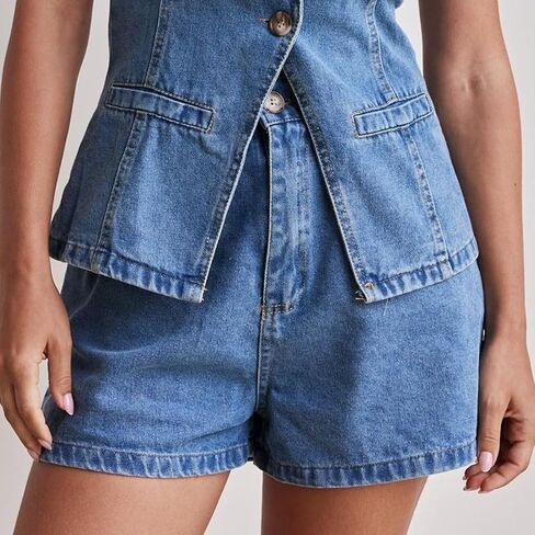Women's Denim 2 Piece Set Casual Solid Color Casual Sleeveless Jean Vest Tops and Shorts Outfit Tracksuits in Saudi Arabia