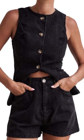 Women's Denim 2 Piece Set Casual Solid Color Casual Sleeveless Jean Vest Tops and Shorts Outfit Tracksuits in Saudi Arabia
