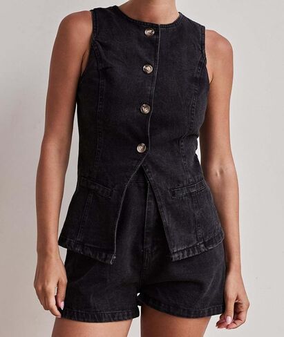 Women's Denim 2 Piece Set Casual Solid Color Casual Sleeveless Jean Vest Tops and Shorts Outfit Tracksuits in Saudi Arabia
