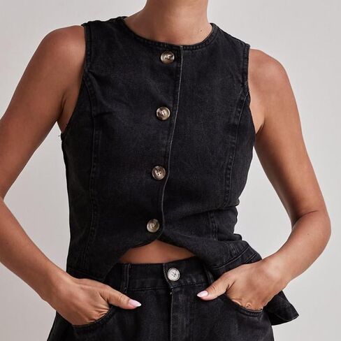Women's Denim 2 Piece Set Casual Solid Color Casual Sleeveless Jean Vest Tops and Shorts Outfit Tracksuits in Saudi Arabia