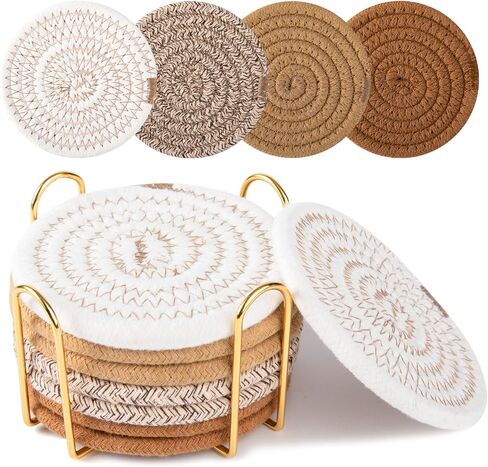 Oihomy 8 PCS Coasters مع حامل ، الوقايات للمشروبات ، والقطن المنسوج من القطن الموسيقي مجموعة من أنواع الكؤوس ، وهدايا Housewarming للديكور المنزلي -صفراء in Kuwait