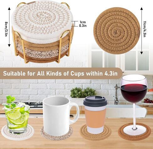 Oihomy 8 PCS Coasters مع حامل ، الوقايات للمشروبات ، والقطن المنسوج من القطن الموسيقي مجموعة من أنواع الكؤوس ، وهدايا Housewarming للديكور المنزلي -صفراء in Kuwait