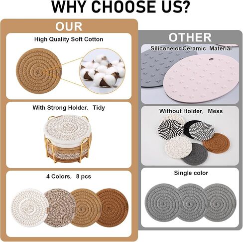 Oihomy 8 PCS Coasters مع حامل ، الوقايات للمشروبات ، والقطن المنسوج من القطن الموسيقي مجموعة من أنواع الكؤوس ، وهدايا Housewarming للديكور المنزلي -صفراء in Kuwait