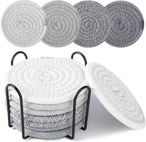 Oihomy 8 PCS Coasters مع حامل ، الوقايات للمشروبات ، والقطن المنسوج من القطن الموسيقي مجموعة من أنواع الكؤوس ، وهدايا Housewarming للديكور المنزلي -صفراء in Kuwait