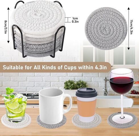 Oihomy 8 PCS Coasters مع حامل ، الوقايات للمشروبات ، والقطن المنسوج من القطن الموسيقي مجموعة من أنواع الكؤوس ، وهدايا Housewarming للديكور المنزلي -صفراء in Kuwait