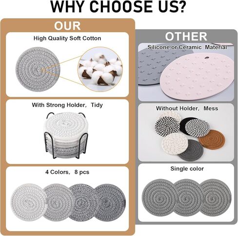 Oihomy 8 PCS Coasters مع حامل ، الوقايات للمشروبات ، والقطن المنسوج من القطن الموسيقي مجموعة من أنواع الكؤوس ، وهدايا Housewarming للديكور المنزلي -صفراء in Kuwait
