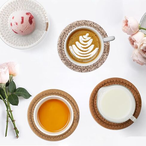 Oihomy 8 PCS Coasters مع حامل ، الوقايات للمشروبات ، والقطن المنسوج من القطن الموسيقي مجموعة من أنواع الكؤوس ، وهدايا Housewarming للديكور المنزلي -صفراء in Kuwait