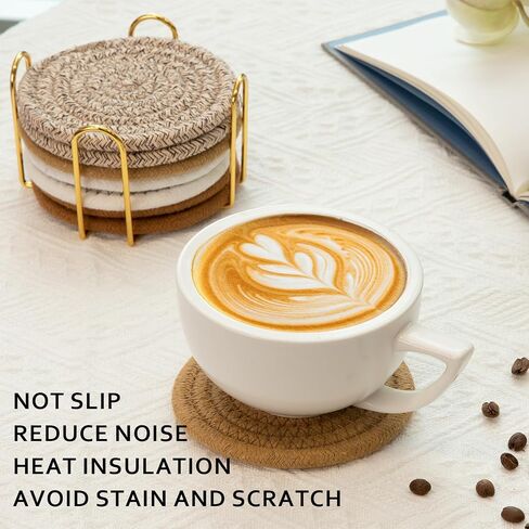 Oihomy 8 PCS Coasters مع حامل ، الوقايات للمشروبات ، والقطن المنسوج من القطن الموسيقي مجموعة من أنواع الكؤوس ، وهدايا Housewarming للديكور المنزلي -صفراء in Kuwait