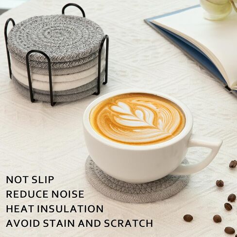Oihomy 8 PCS Coasters مع حامل ، الوقايات للمشروبات ، والقطن المنسوج من القطن الموسيقي مجموعة من أنواع الكؤوس ، وهدايا Housewarming للديكور المنزلي -صفراء in Kuwait
