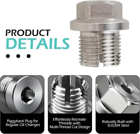 M14.1 x 1.5 Oversize Piggyback Oil Drain Plug, Stainless Steel Self-tapping Repair Screws with O-ring and L-wrench, Oil Pan Drain Plug Repair Kit, for Most Cars (Silver) in Saudi Arabia