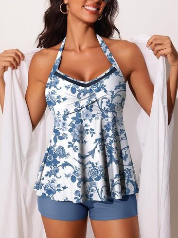 الصيف Mae Halter Tankini Swimsuits للنساء 2025 البطن 2 قطعة بدلة السباحة بدلة عالية الخصر مع السراويل القصيرة in Saudi Arabia