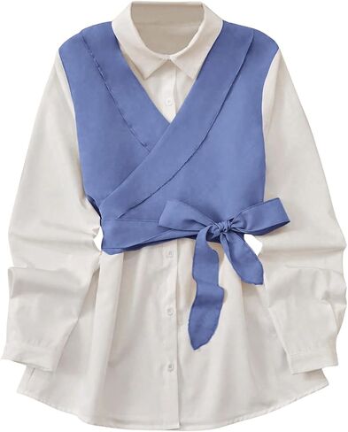 OYOANGLE Women's Tie Back Button Down Wrap Blouse Collared Neck Long Sleeve Casual 2 in 1 Shirt Tops in Saudi Arabia