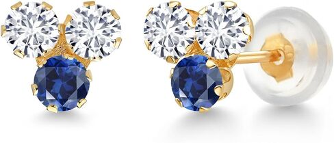 أقراط Gem Stone King من الذهب الأصفر عيار 14 قيراط والألماس الأبيض والتوباز الأزرق اللندني 3 أقراط مرصعة بأحجار للنساء (0.66 قيراط، حجر كريم بخت شهر أبريل، دائري 3 مم) in Kuwait