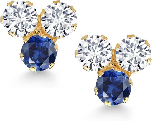 أقراط Gem Stone King من الذهب الأصفر عيار 14 قيراط والألماس الأبيض والتوباز الأزرق اللندني 3 أقراط مرصعة بأحجار للنساء (0.66 قيراط، حجر كريم بخت شهر أبريل، دائري 3 مم) in Kuwait
