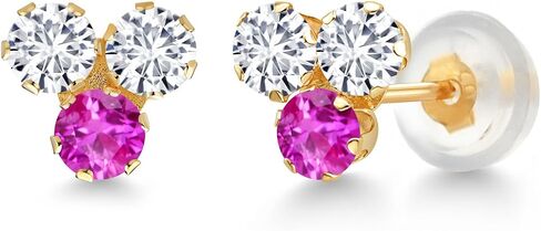 Gem Stone King 14K Yellow Gold White Lab Grown Diamond and London Blue Topaz 3 Stone Stud Earrings For Women (0.66 Cttw, Gemstone April Birthstone, Round 3MM) in Saudi Arabia