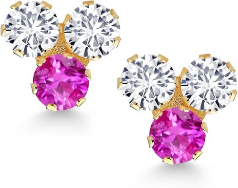 Gem Stone King 14K Yellow Gold White Lab Grown Diamond and London Blue Topaz 3 Stone Stud Earrings For Women (0.66 Cttw, Gemstone April Birthstone, Round 3MM) in Saudi Arabia