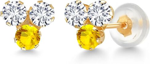 Gem Stone King 14K Yellow Gold White Lab Grown Diamond and London Blue Topaz 3 Stone Stud Earrings For Women (0.66 Cttw, Gemstone April Birthstone, Round 3MM) in Saudi Arabia