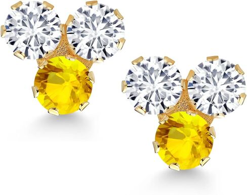 Gem Stone King 14K Yellow Gold White Lab Grown Diamond and London Blue Topaz 3 Stone Stud Earrings For Women (0.66 Cttw, Gemstone April Birthstone, Round 3MM) in Saudi Arabia
