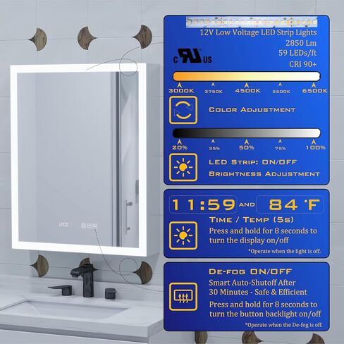 24"Wx30"H R Lighted Medicine Cabinet - Aluminum Frame, Dimmable/CCT LED, Anti-Fog Mirror, Clock & Thermometer | Surface/Recessed Mount, 2 Outlet+2 USB, Adjustable Shelves, Built-in Sensor Light in Saudi Arabia