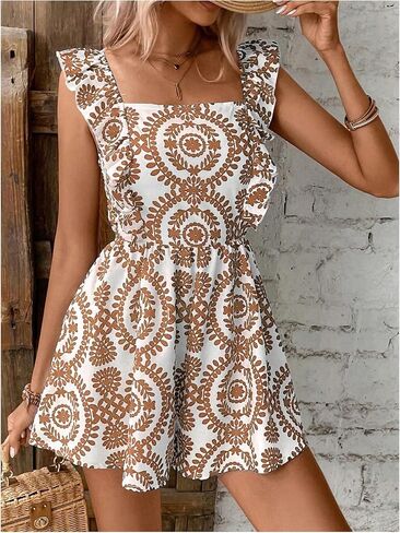 Milumia Women's Floral Print Ruffle Trim Sleeveless Romper Bow Backless Wide Leg Shorts Jumpsuit in Saudi Arabia