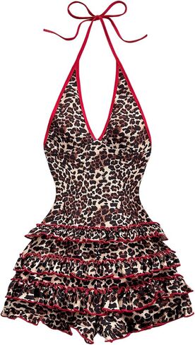 SOLY HUX Women's Leopard Halter Rompers Y2k Cheetah Print Sexy V Neck Sleeveless Layered Ruffle Short Jumpsuit Clubwear in Saudi Arabia