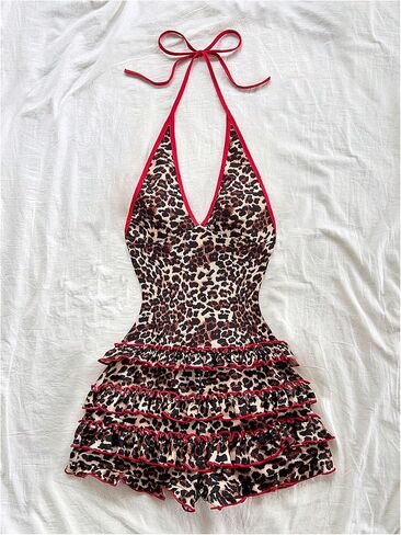 SOLY HUX Women's Leopard Halter Rompers Y2k Cheetah Print Sexy V Neck Sleeveless Layered Ruffle Short Jumpsuit Clubwear in Saudi Arabia