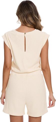 Rompers for Women Adjustable Drawstring Waist Cap Sleeve Casual Jumpsuits One Piece Crewneck Casual Outfits with Pockets in Saudi Arabia