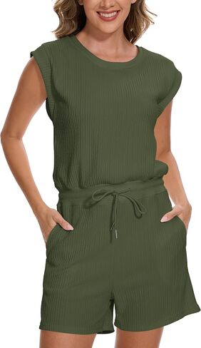 Rompers for Women Adjustable Drawstring Waist Cap Sleeve Casual Jumpsuits One Piece Crewneck Casual Outfits with Pockets in Saudi Arabia