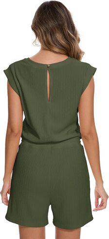 Rompers for Women Adjustable Drawstring Waist Cap Sleeve Casual Jumpsuits One Piece Crewneck Casual Outfits with Pockets in Saudi Arabia