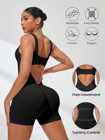 One Piece Workout Jumpsuits for Women – Backless Tummy Control Sleeveless Jumpsuits – Lizvette V Back Scrunch Romper in Saudi Arabia