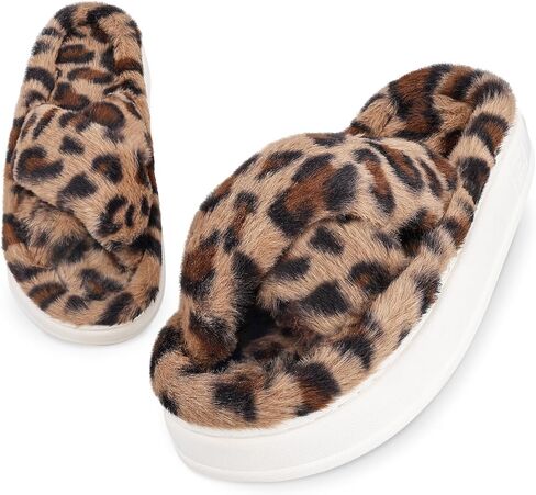 Fuzzy Open Toe House Slippers for Women, Plush Leopard Cross Band Slides, Soft Plush Faux Fur Lining Bedroom Shoes, Non-Slip Winter Indoor Slippers in Saudi Arabia