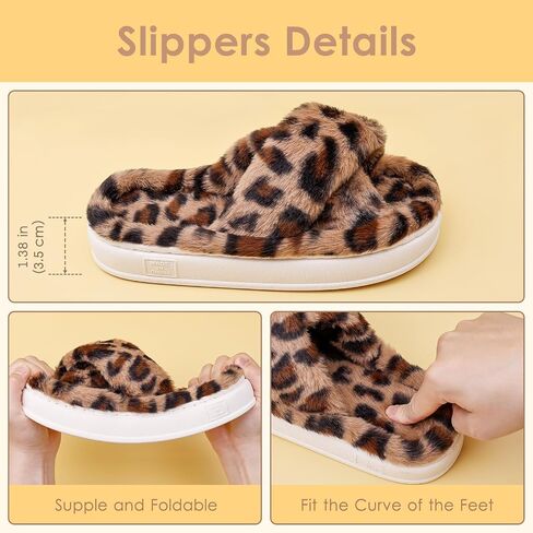 Fuzzy Open Toe House Slippers for Women, Plush Leopard Cross Band Slides, Soft Plush Faux Fur Lining Bedroom Shoes, Non-Slip Winter Indoor Slippers in Saudi Arabia