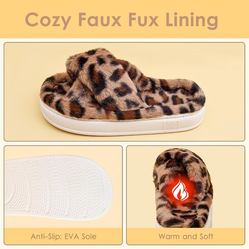 Fuzzy Open Toe House Slippers for Women, Plush Leopard Cross Band Slides, Soft Plush Faux Fur Lining Bedroom Shoes, Non-Slip Winter Indoor Slippers in Saudi Arabia
