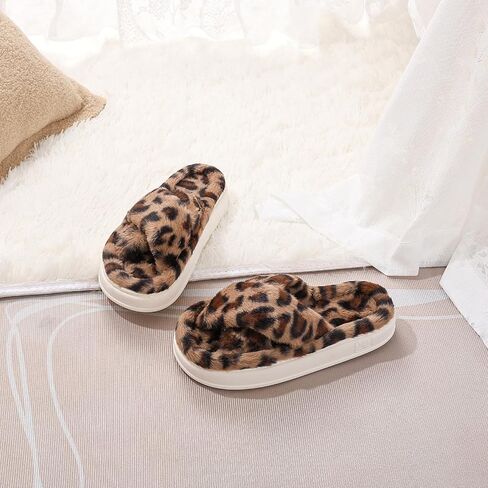 Fuzzy Open Toe House Slippers for Women, Plush Leopard Cross Band Slides, Soft Plush Faux Fur Lining Bedroom Shoes, Non-Slip Winter Indoor Slippers in Saudi Arabia