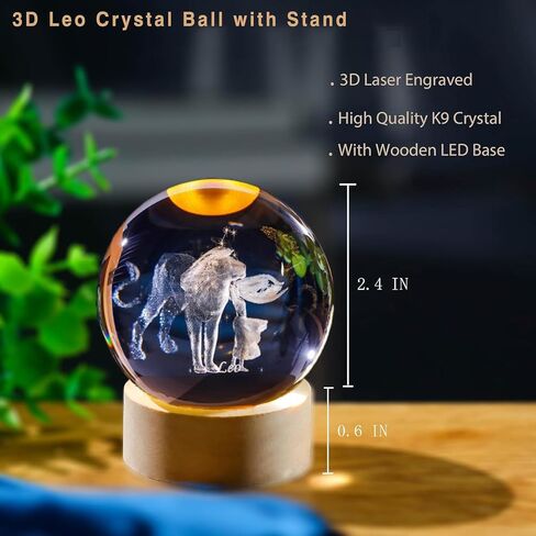 Leo Crystal Ball with Wooden Light Base, 60mm 3D Laser Etched Constellation Glass Sphere Decorative Balls Paperweight Gift in Saudi Arabia