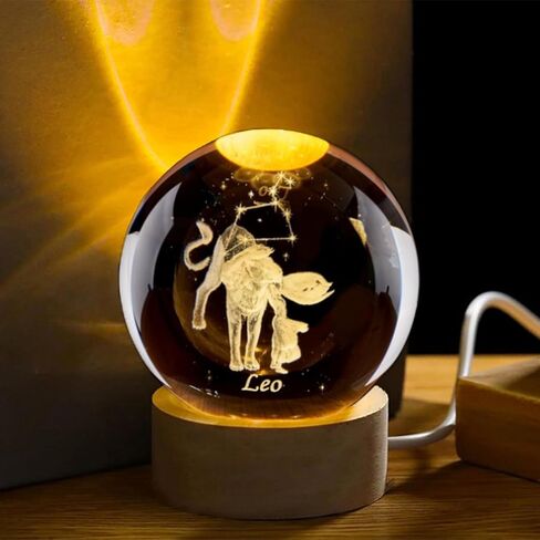 Leo Crystal Ball with Wooden Light Base, 60mm 3D Laser Etched Constellation Glass Sphere Decorative Balls Paperweight Gift in Saudi Arabia