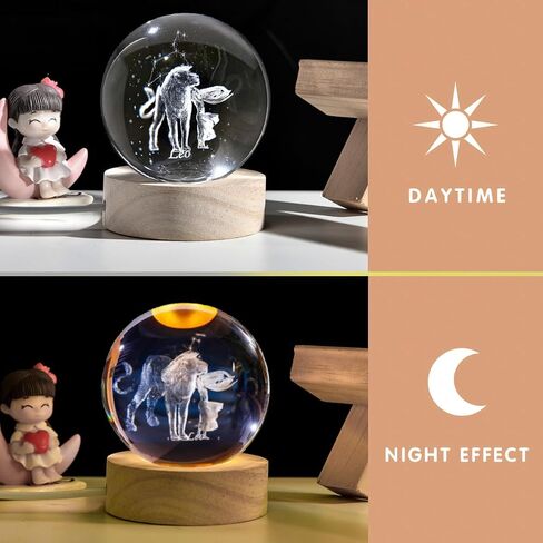 Leo Crystal Ball with Wooden Light Base, 60mm 3D Laser Etched Constellation Glass Sphere Decorative Balls Paperweight Gift in Saudi Arabia